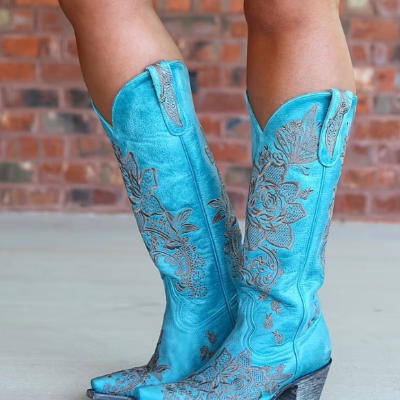 WESTERN Blue Turquoise Heeled Boots with Gray Floral Embroidery Size 8.5 - Picture 8 of 9